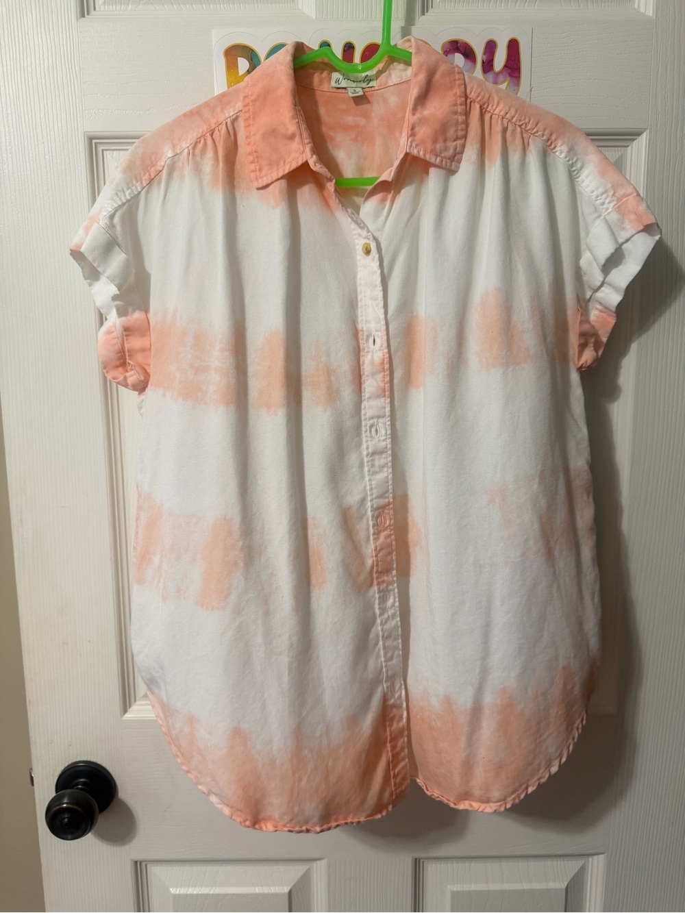 White and Peach Tie-Dye Button Front Blouse